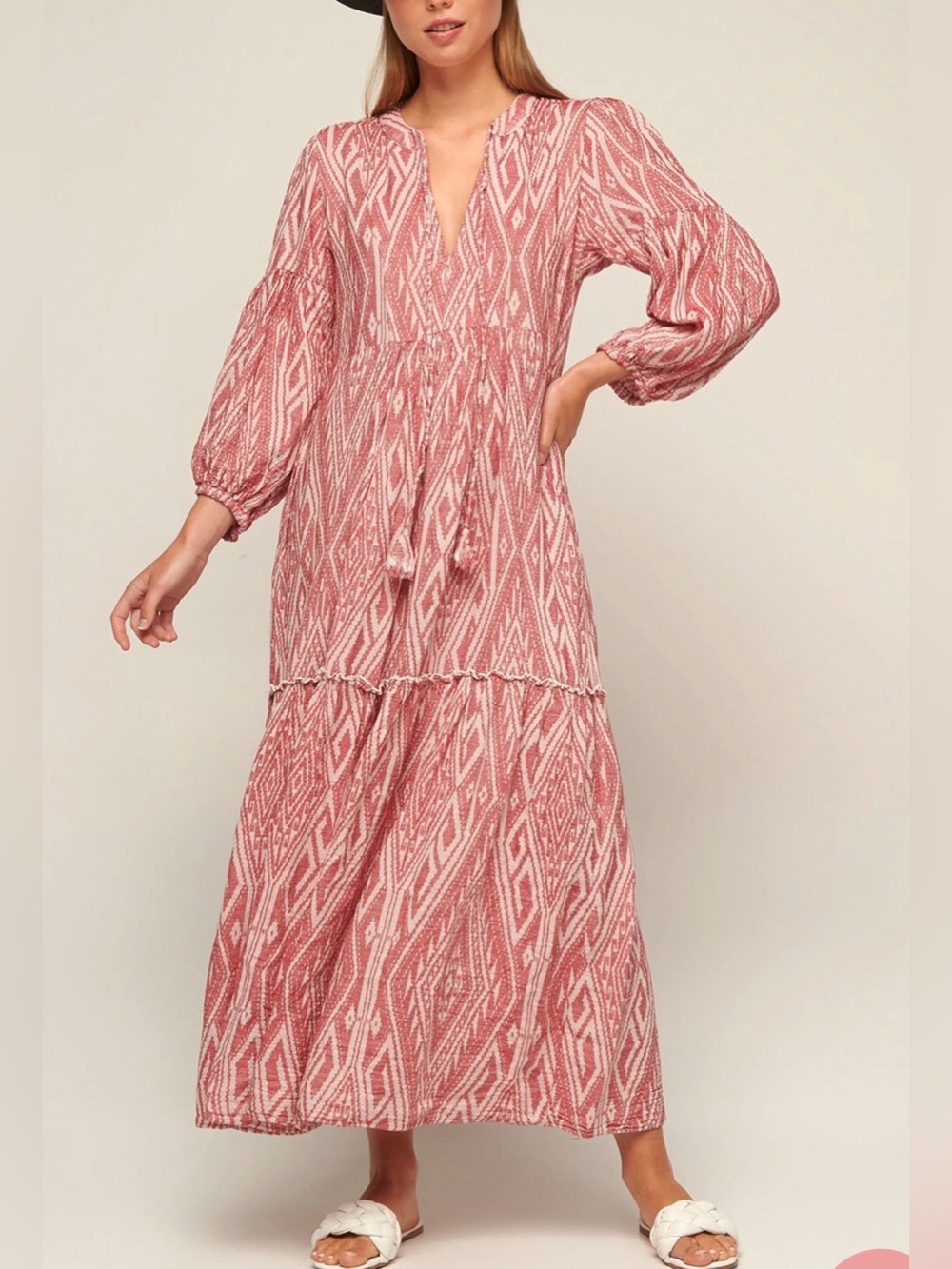 Pearl & Caviar Zakar Frill Detail Red Pink Luxury Beach Resort Maxi Dress S/M